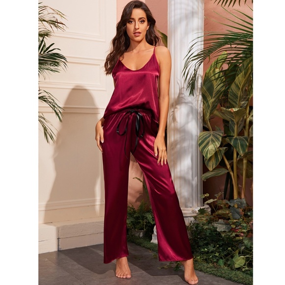 Burgundy Satin Pajama Set: Cami Top and Pants - Picture 2 of 8
